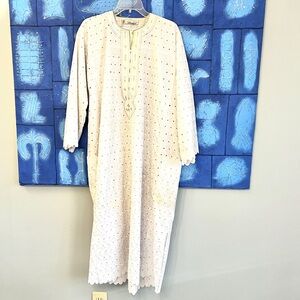 Vintage Traditional White Eyelet Long Dashiki with Embroidered Yoke